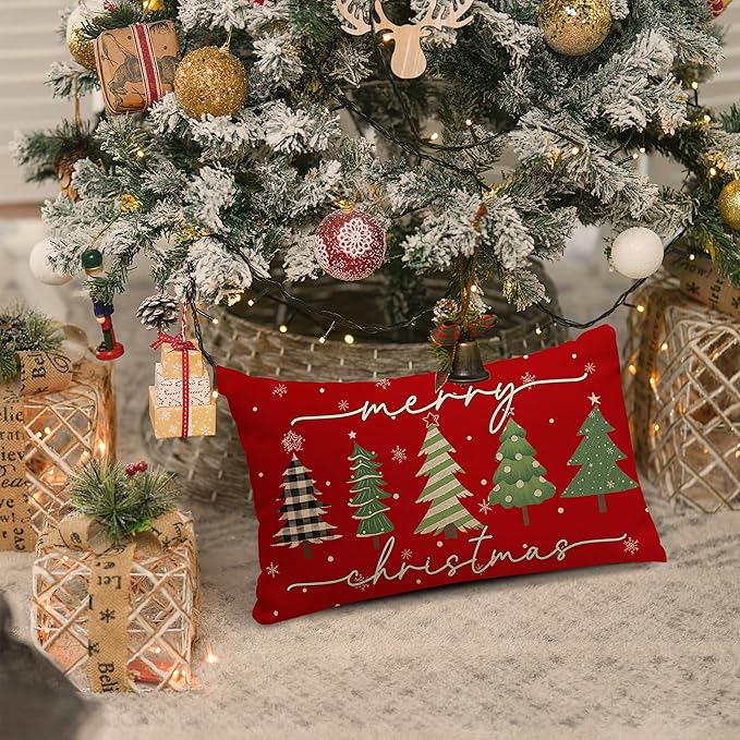 Christmas Pillow Covers 12x20 Inch, Red Green Christmas Tree Decorative Pillow Covers Winter Holiday Cushion Cases Decor for Home Couch Sofa