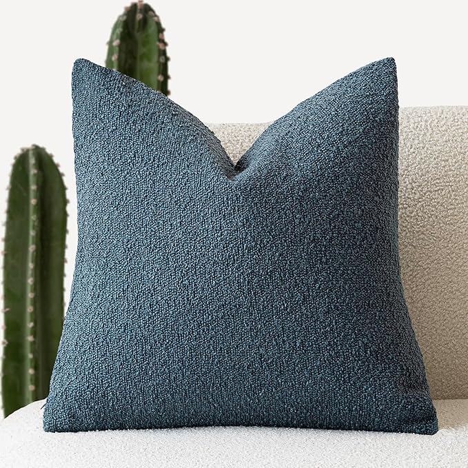 Foindtower Decorative Textured Boucle Throw Pillow Covers Accent Solid Pillow Cases Neutral Soft Cozy Couch Cushion Case for Chair Sofa Bedroom Living Room Home Decor 24 x 24 Inch,Blue