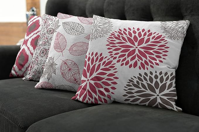 Ambesonne Vintage Throw Pillow Cushion Case Pack of 4, Bohemian Ornamental Leaves Dahlia Pattern Geometric Art Curlicue Motif, Modern Accent Double-Sided Digital Printing, 24", Raspberry Taupe White