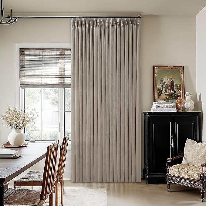 Extra Wide Pleated Curtains 108 Inches Long 100 Inch Width Patio Sliding Door Light Filtering Taupe Grey Beige Burlywood Birch Neutral Modern Neutral 100x108 Drapes Panels Living Dining Room 1 Panel