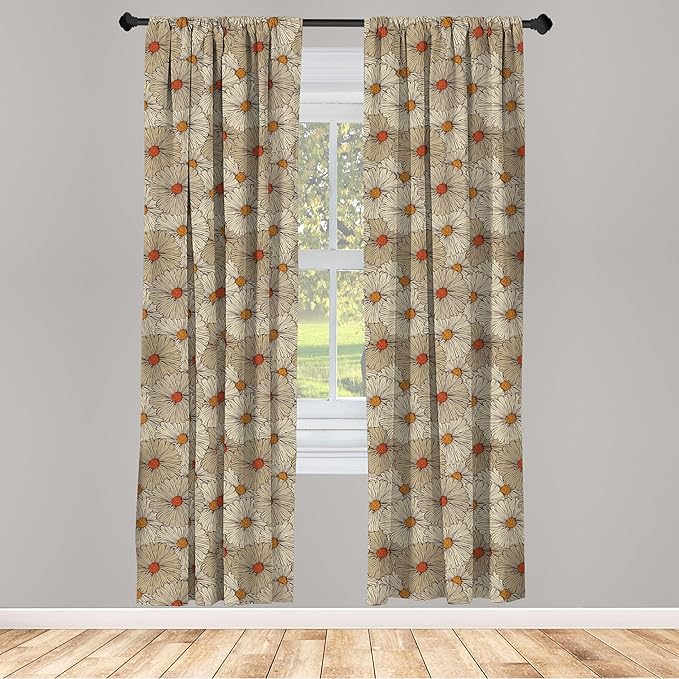 Ambesonne Vintage Window Curtains, Sketch Art Style Gerbera Daisies Abstract Flowers Autumn Garden Flourish, Lightweight Decorative Panels Set of 2 with Rod Pocket, 56" x 84", Marigold Orange