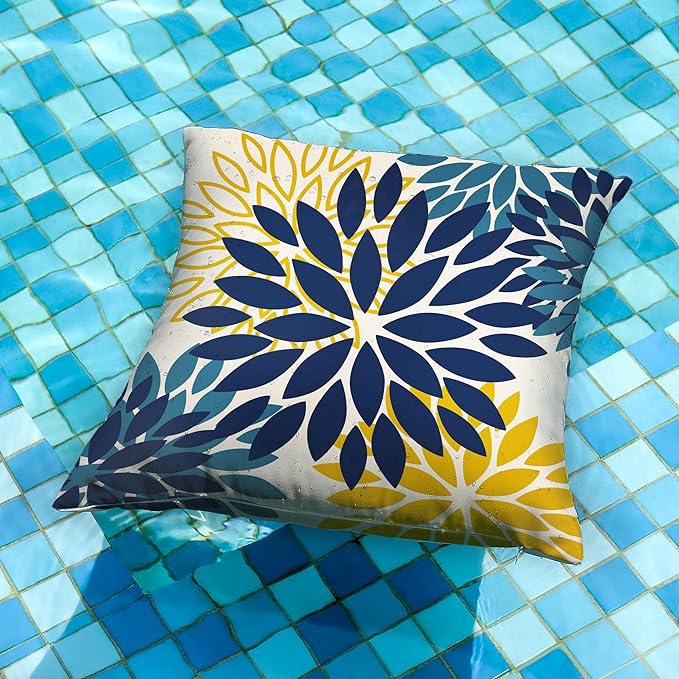 DFXSZ Blue Yellow Flower Pillow Covers 20x20 Inch Set of 2 Outdoor Throw Pillows Outdoor Waterproof Decor for Living Room Sofa Patio Funiture Garden Floral Polyester Pillow Covers 012D20