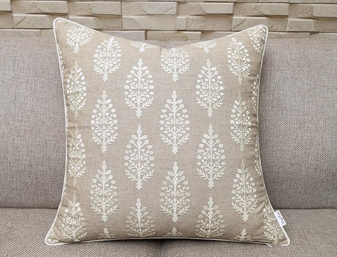 Chandni Paiseley Embroiderd Decorative Square Accent Throw Pillow Cover - Sofa, Chair, Couch, Bedroom, Living Room, Farmhouse Home Decor - 18x18 Inches-Natural