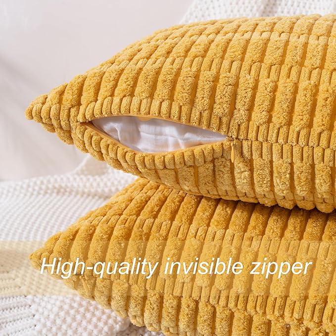 Mustard Yellow Corduroy Decorative Throw Pillow Covers 20x20 Inch Set of 2 Soft Striped Boho Couch Pillow Covers Spring Modern Farmhouse Home Decor for Sofa Neutral Living Room Bed