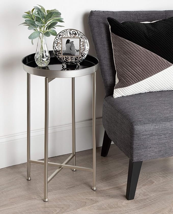 Kate and Laurel Celia Round Metal Foldable Tray Accent Table, 14" x 14" x 25.75", Black and Silver, Modern Minimalist Design and Magnetic Tabletop