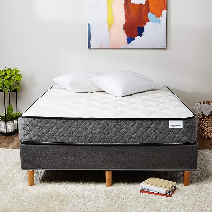 Amazon Basics Memory Foam Mattress, King Size Mattress, Hybrid, 12 Inch, Medium Feel, Motion Isolation Springs, White/Gray