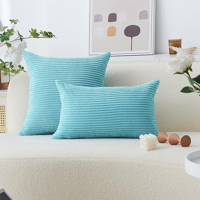 Home Brilliant Teal Throw Pillow Cover Decorative Soft Velvet Striped Corduroy Square Throw Pillow for Couch, 18 x 18 inch(45cm)