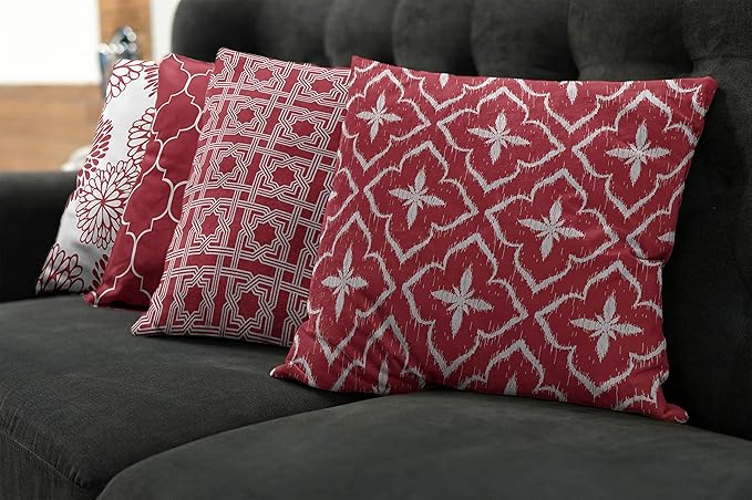 Ambesonne Vintage Throw Pillow Cushion Case Pack of 4, Monochrome Design Grid Trellis Quatrefoil Mesh and Dahlia Flowers Modern Print, Modern Accent Double-Sided Digital Printing, 20", Ruby and White