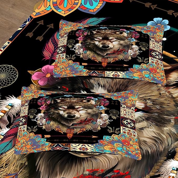 Tailor Shop Wolf Bedding Set for Boys Kids Bohemian Comforter Sets Full Size Wildlife Hunting Wolf Bed Set with 2 Pillowcases…