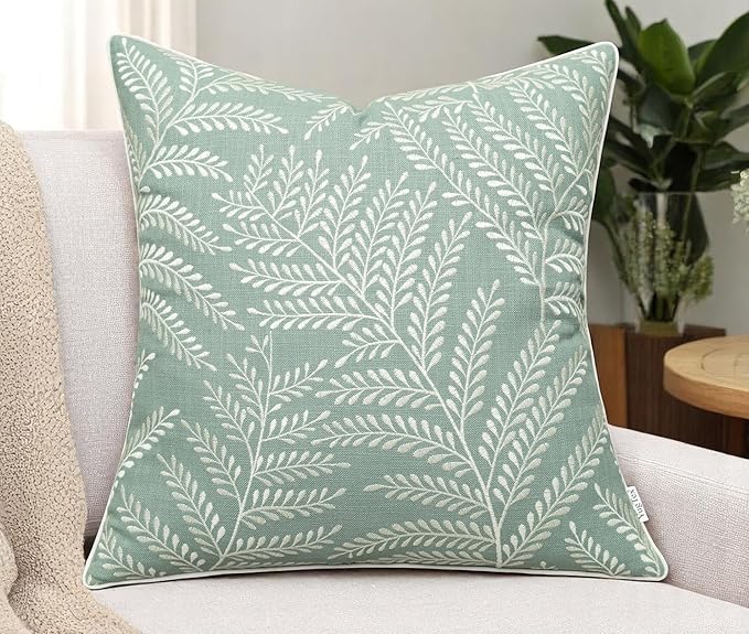 Fern Leaves Embroiderd Decorative Square Accent Throw Pillow Cover - Sofa, Chair, Couch, Bedroom, Living Room, Farmhouse Home Decor - 20x20 Inches, Light Teal