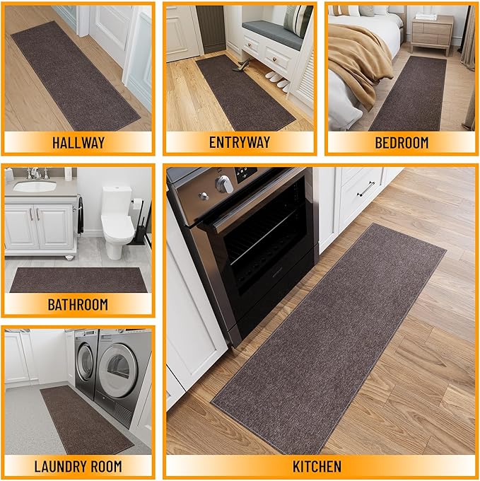 Ottomanson 2' x 5' Ultra-Thin Hallway Runner Rug - Durable Non-Slip Carpet for High-Traffic Areas - Fits Under Doors for Seamless Entry - Ideal for Kitchen, Entryway, Bedroom & Living Room, Brown