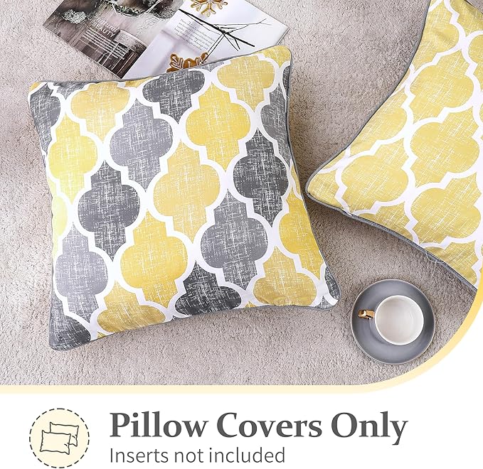 Beauoop Decorative Chenille Throw Pillow Covers with Moroccan Quatrefoil Geometric Double-Sided Print Square Soft Pillow Cases for Couch, Sofa, Living Room, Bedroom, 18"x18", Set of 2, Yellow Gray