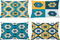 Ambesonne Vintage Throw Pillow Cushion Case Pack of 4, Nostalgic Look Abstract Flowers Squares Tile Mosaic Inspired Motif, Modern Accent Double-Sided Printing, 20" x 12", Petrol Blue and Pale Orange