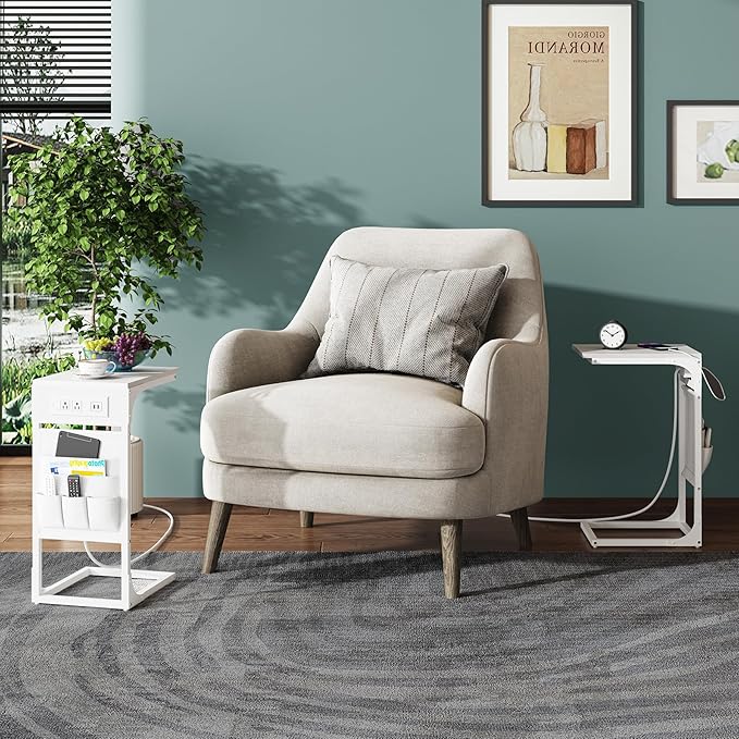 TUTOTAK C Shaped End Table with Charging Station, Side Table for Sofa, Couch Table with Storage Bag, TV Tray Table with 2 USB Ports and Outlets for Living Room, Bedroom, White TB01BW024