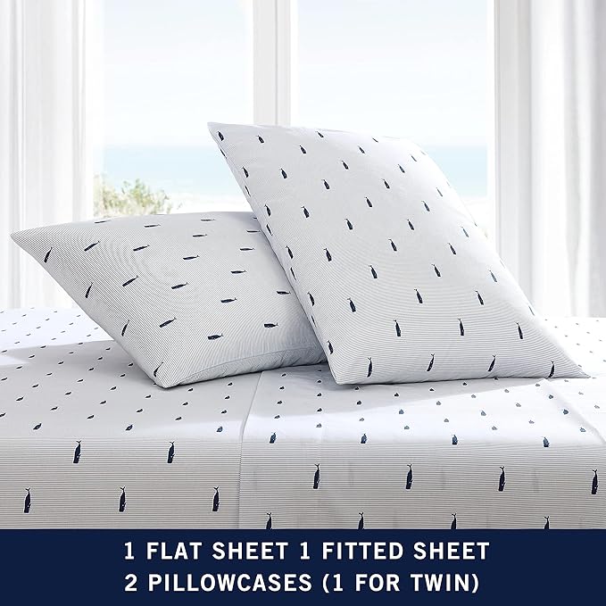Nautica - King Size Sheets Set, Crisp & Tailored Cooling Sheets with a Smooth Cotton Percale Lightweight Feel - Bed Sheets with Matching Pillowcases & Fitted Sheet (Whale Stripe Blue)