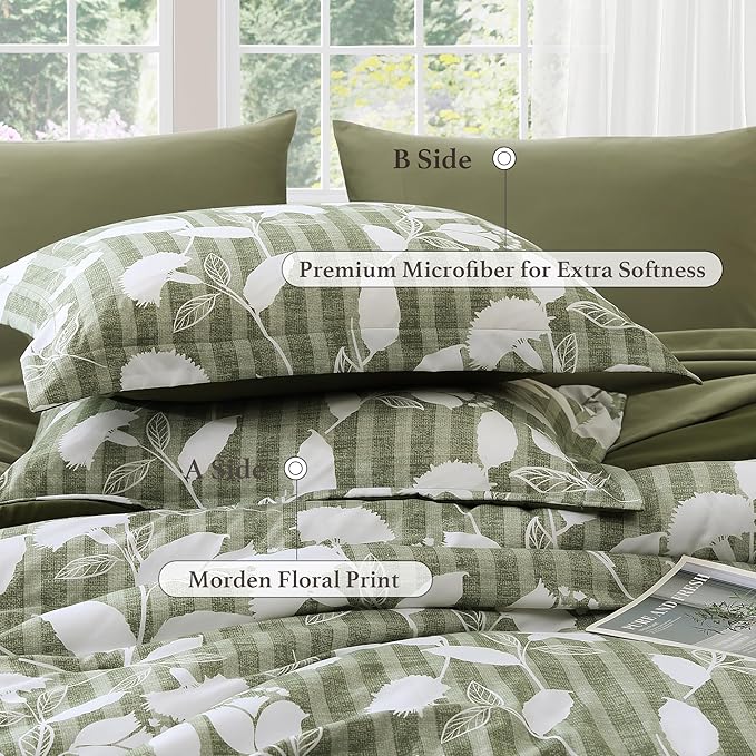 Full Comforter Set -7 Pieces Botanical Olive Green Comforter Set for All Seasons, Bed in a Bag Full with Flowers Floral Comforter, Sheets, Pillowcases & Shams