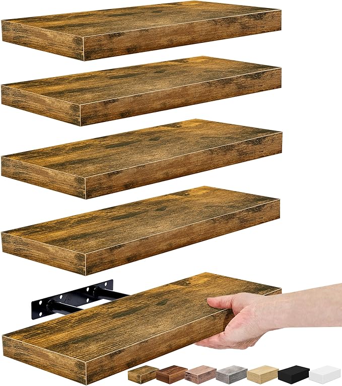 Sorbus Floating Shelves for Wall, Bathroom Shelves Wall Mounted for Kitchen, Bedroom, Living Room, Bathroom Storage, Over Toilet, Hanging Book Shelf for Ｗall Home Decor (Rustic Brown, 5 Pack)