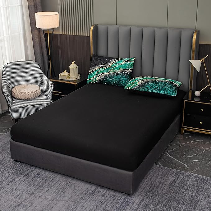 Tailor Shop 5Pcs Marble Green Comforter Set Queen Size for Women Adults Black Green and Gold Marble Bedding Sets Bed in a Bag (1 Comforter, 1 Flat Sheet, 1 Fitted Sheet, 2 Pillowcases)