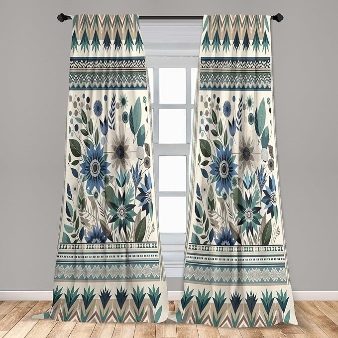 Ambesonne Art Floral Curtains, Gentle Flowers and Leaves of Spring Garden with Ethnic Boho Details, Window Treatments 2 Panel Set for Living Room Bedroom, Pair of - 28" x 95", Eggshell Laurel Green