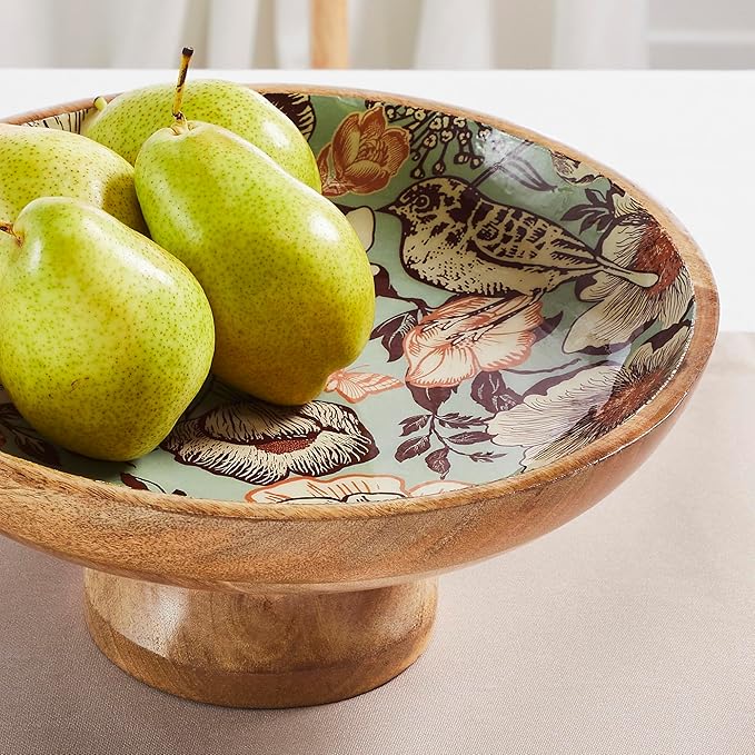 VHC Brands Natural with Bird Print Wooden Fruit Bowl 5.5x12x12, Kitchen Decor, Decorative Wooden Pedestal Bowl, Perfect Centerpiece for Table, Island, or Counter