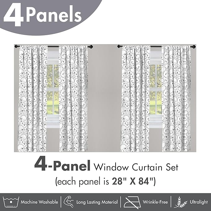 Ambesonne Black and White Window Curtains Pack of 2, Vintage Swirls Pattern with Monochrome Ornamental Old-Fashioned Design, Lightweight Set with Rod Pocket, 4 Panels of - 28" x 84", Black White