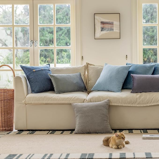 Home Brilliant Striped Soft Velvet Corduroy European Throw Pillow Sham for Sofa Euro Sham Cover for Bed Pillow Cover 26x26 Couch Bench, 26 inch (66x66cm), Light Grey