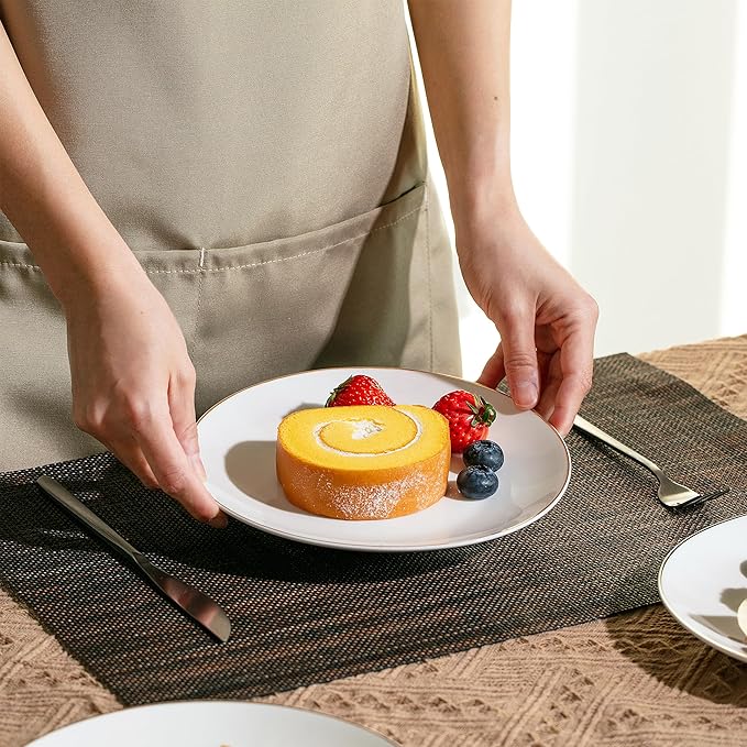 BTaT- White Dessert Plates with Gold Rim, Set of 6, 8" Round, Porcelain, Elegant Style, Dinner Plates, Christmas Gifts