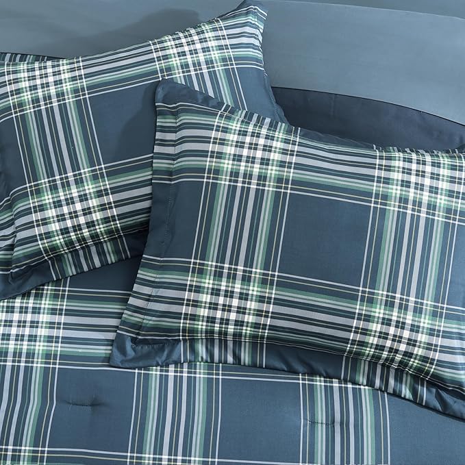 Plaid Queen Comforter Set, Midnight Blue Bedding Set 7 Pieces for Boys Girls Teen, Classic Farmhouse Bed in a Bag with Sheets, Pillowcases & Shams