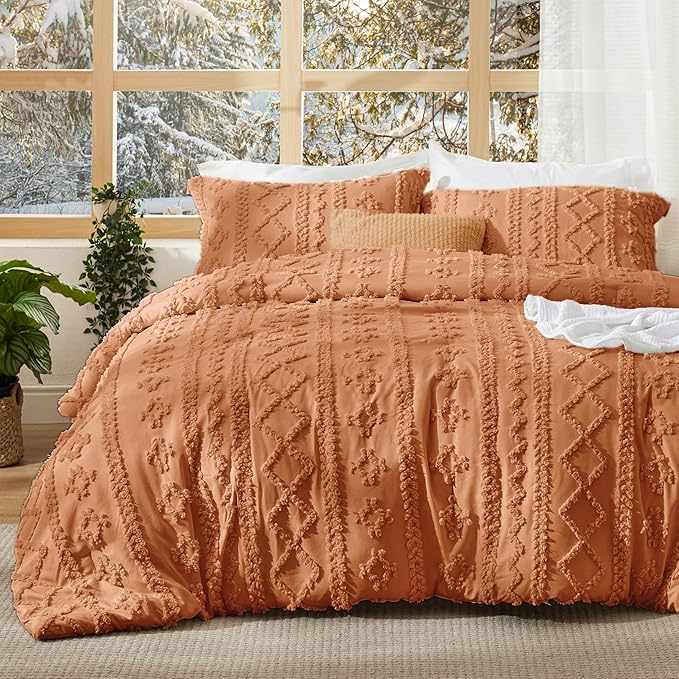 Bedsure Tufted Boho Comforter Set King Size - Pumpkin Boho Bed Set, GentleSoft™ 3 Pieces Farmhouse Shabby Chic Embroidery Bedding, Gifts for Woman, Soft Jacquard King Comforter for All Seasons