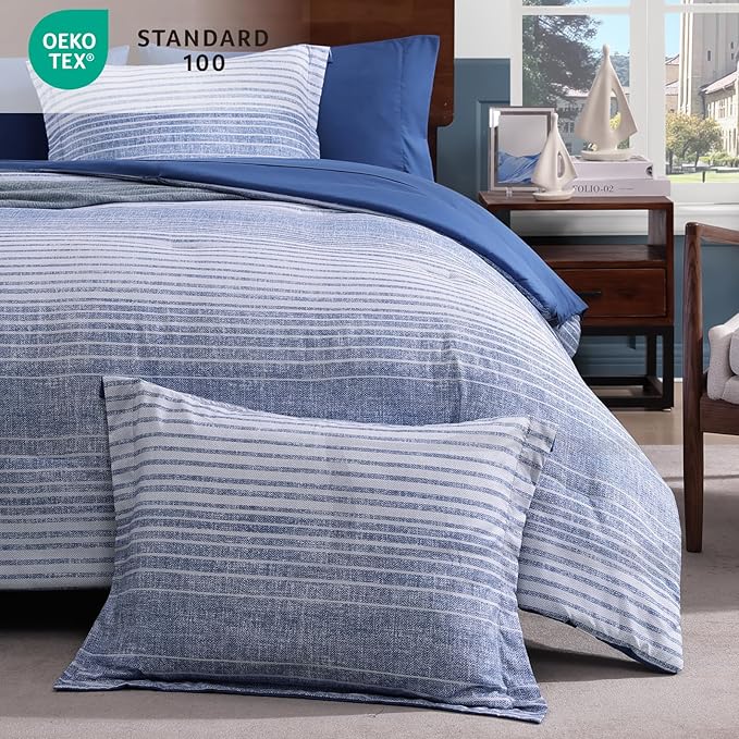 Queen Comforter Set Striped, Ocean Blue Coastal Bedding Set 7 Pieces for Boys Girls Teen, All Season Bed in a Bag with Sheets, Pillowcases & Shams