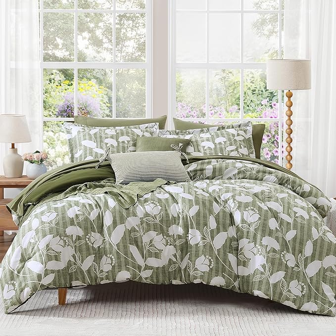Full Comforter Set -7 Pieces Botanical Olive Green Comforter Set for All Seasons, Bed in a Bag Full with Flowers Floral Comforter, Sheets, Pillowcases & Shams