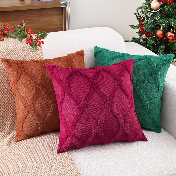 decorUhome Christmas Throw Pillow Covers 18x18 Inch Set of 2, Soft Plush Faux Fur Wool Burgundy Couch Pillow Covers, Decorative Neutral Pillow Cases for Bed Sofa Living Room Home Decor