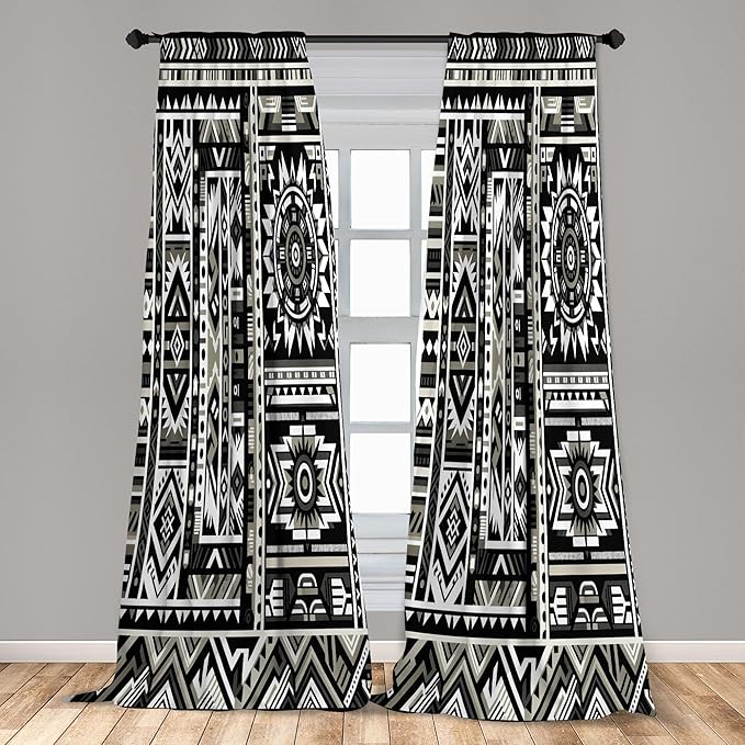 Ambesonne Southwestern Window Curtains, Monochrome Colors Design with Zigzags Arrows and Cultural Motifs, Lightweight Decor 2-Panel Set with Rod Pocket, Pair of - 28" x 63", Charcoal Grey Pale Sepia