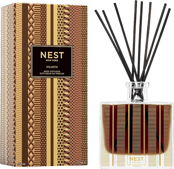 NEST New York Reed Diffuser, Hearth - 5.9 fl oz - Fragrance for Up to 90 Days - Reusable, Refillable Glass Holder - Includes 8 All-Natural Reed Sticks - Flame Free