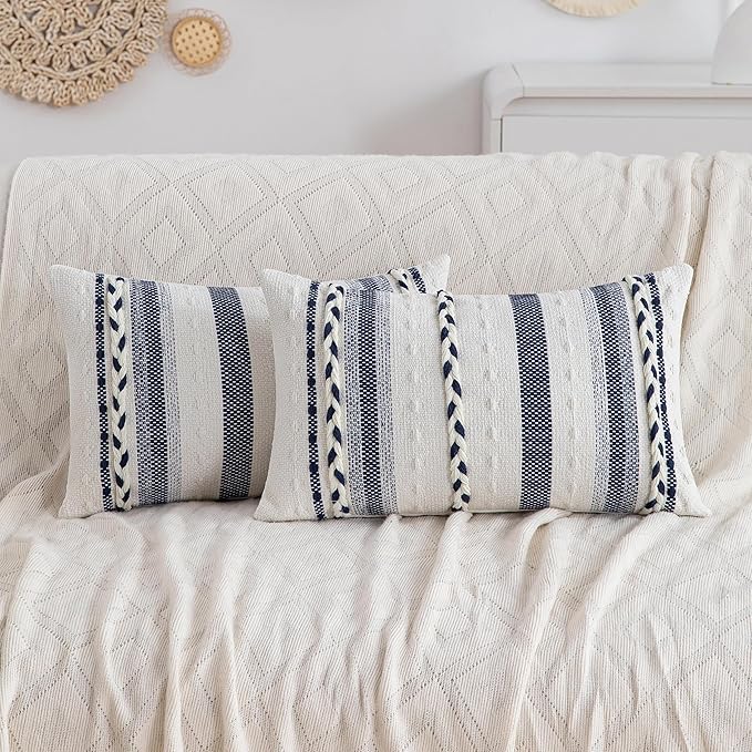 Decorative 2 Packs Boho Navy Blue Striped Lumbar Pillow Covers 12x20 Inch Coastal Accent Long Throw Pillows, Neutral Farmhouse Textured Throw Pillow Cases for Couch Bedroom Living Room Chair