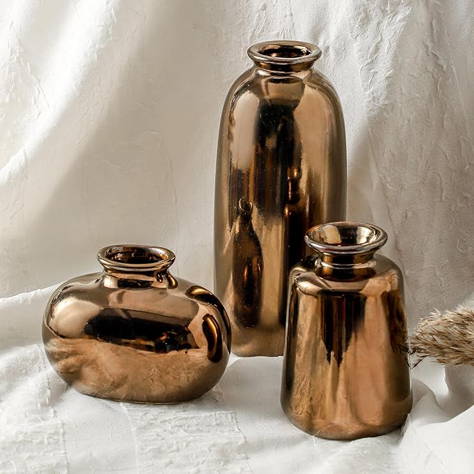 Ceramic Vase Set of 3,Brown Modern Farmhouse Pottery Vases, Neutral Rustic Vases for Pampas Grass, Dried & Fresh Flowers - Ideal for Bedroom, Living Room, Bookshelf, Mantel, Centerpiece Table Decor