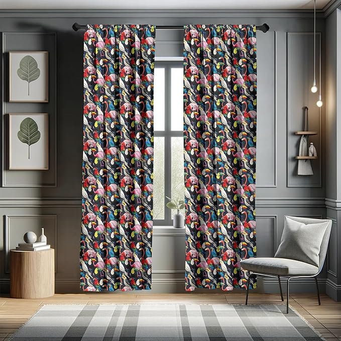 Ambesonne Animal 2 Panel Curtain Set, Colorful Exotic Birds Cockatoo Flamingo Macaw Parrot Toucan Tropic Wildlife Art, Window Treatment Living Room Bedroom Decor, Pair of - 28" x 63", Red Grey