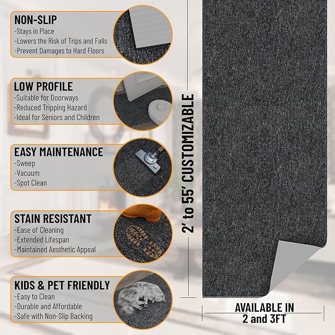 Ottomanson 2'7" x 4' Ultra-Thin Entryway Rug - Durable Non-Slip Mat for High-Traffic Areas - Fits Under Doors for Easy Entry - Ideal for Front Door, Hallway, Kitchen, Bathroom & Mudroom, Black