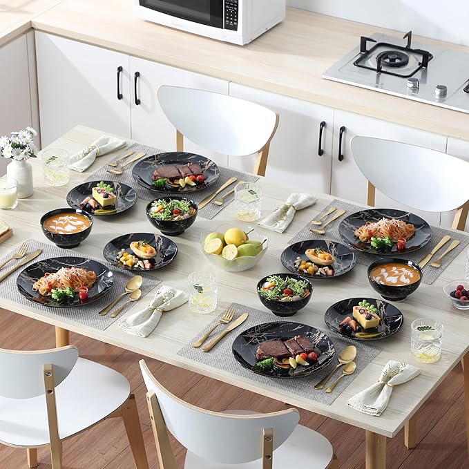 LOVECASA Plates and Bowls Sets for 4, 12 Pieces Porcelain Dinnerware Sets, Black and Gold Dish Set Gold Splash Dishware Sets, Dishwasher Microwave Safe