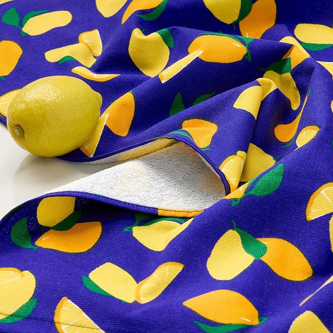 Kate Spade New York Lemon Party and Spring Gingham Kitchen Towels 4-Pack Set, Absorbent 100% Cotton, Navy Blue/Yellow, 17"x28"