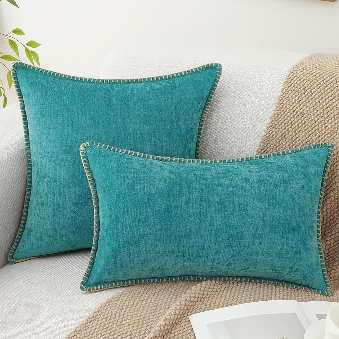 decorUhome Chenille Soft Throw Pillow Covers 26x26 Set of 2, Farmhouse Velvet Neutral Decorative Euro Pillow Covers with Stitched Edge for Couch Sofa Bed Home Decor, Turquoise