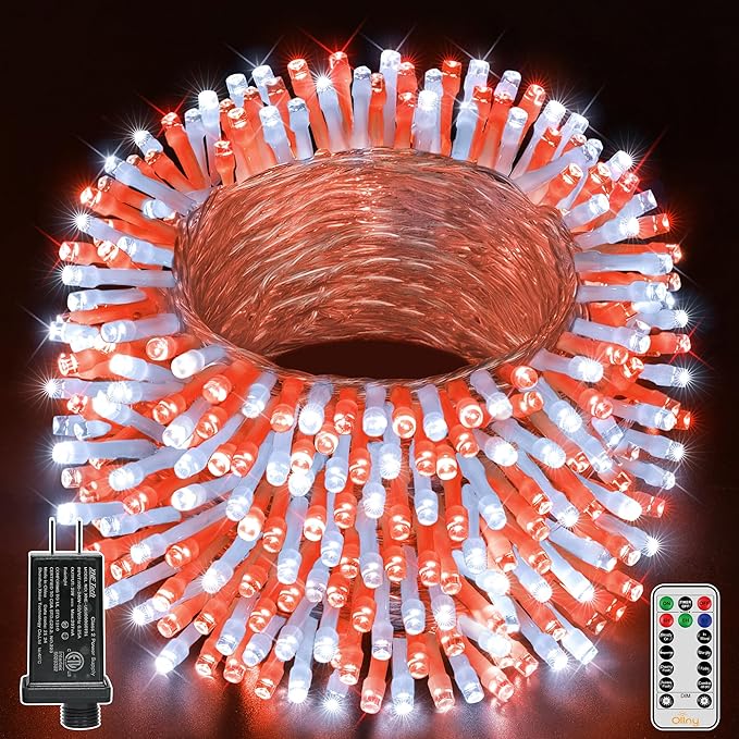 Ollny Red and White Christmas Lights Waterproof, 400LED 131FT String Lights with Remote 3 Timer, Plug in 8 Modes Fairy Light for Xmas Tree Indoor Bedroom House Party Wedding Decorations