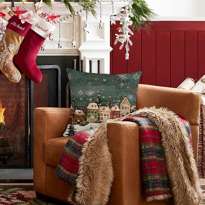 Winter Decorative Rectangle Pillow Cover 18 x 18, Wonderland Forest House Snowflake Vintage Porch Outdoor Pillowcase, Christmas Holiday Seasonal Farmhouse Cushion Case Home Decor