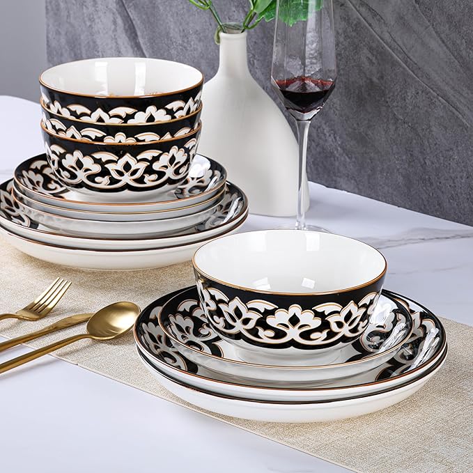 12 Pcs Porcelain Dinnerware Set for 4, Halloween-Themed Brown Floral Embossed Plates and Bowls, Euro Style Ceramic Dish Set with Gothic Vine Pattern, Dishwasher and Microwave Safe, QOMO-1996