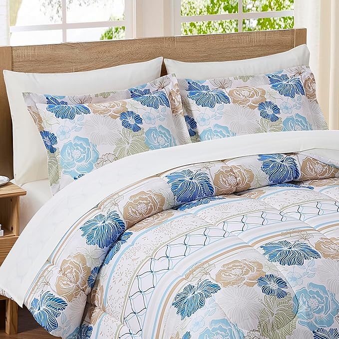 Floral Comforter Set Full Size with Sheets Bed in a Bag – Deep Pocket Fitted Sheet with Elastic Corners, Cozy Comforter, Pillowcases & Shams – Soft Microfiber All Season Bedding – Machine Washable