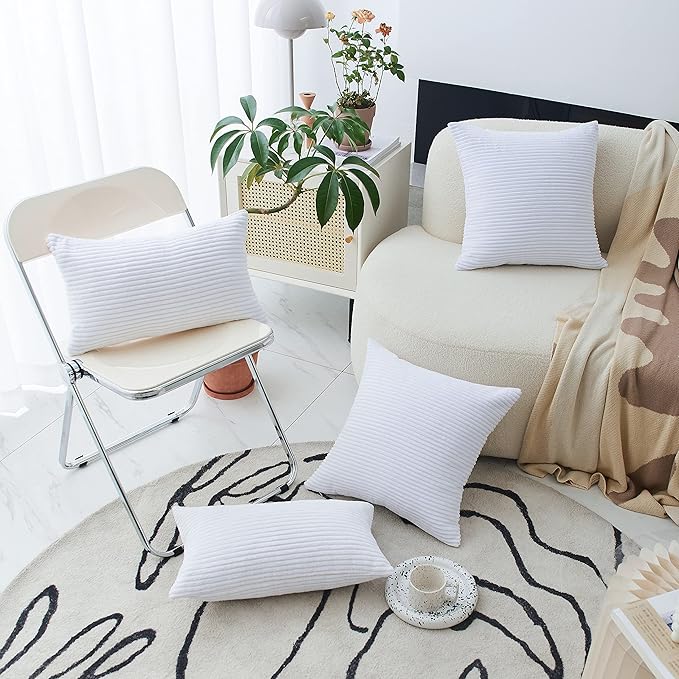 Home Brilliant Oblong Pillow Cover Decorative Striped Corduroy Rectangle Cushion Cover for Couch, Spring Decor 12 x 20 Inch, Pure White