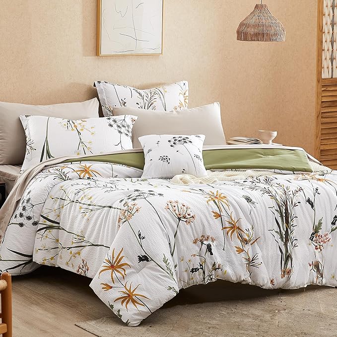 CASAAGUSTO Full Comforter Set 7 PCS White & Green Dandelion Plant Comforter Set with Flowers Leaves Pattern Soft Seersucker Design All Season Bedding Set(Full 80"X90")
