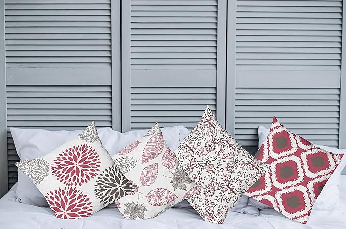 Ambesonne Vintage Throw Pillow Cushion Case Pack of 4, Bohemian Ornamental Leaves Dahlia Pattern Geometric Art Curlicue Motif, Modern Accent Double-Sided Digital Printing, 24", Raspberry Taupe White