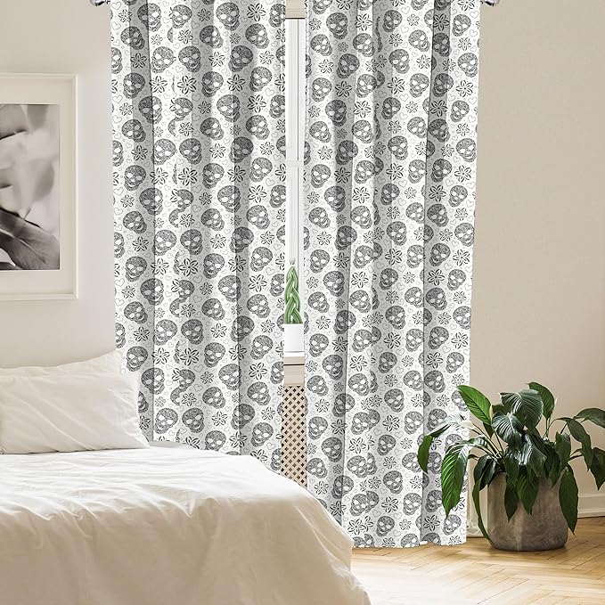 Ambesonne Skull Curtains, Abstract Floral Skulls Daisies Hearts Circles Illustration Vintage Style Print, Window Treatments 2 Panel Set for Living Room Bedroom, Pair of - 28" x 84", Black and White