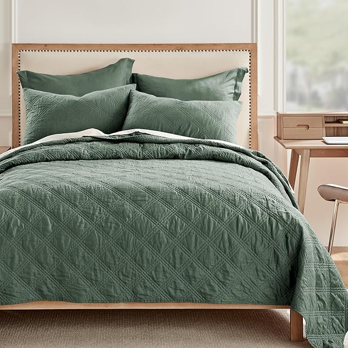 Levtex Home - 100% Linen Front/100% Cotton Back - Full/Queen Quilt - Washed Linen - Green Forest - Quilt Size (88 x 92in.)